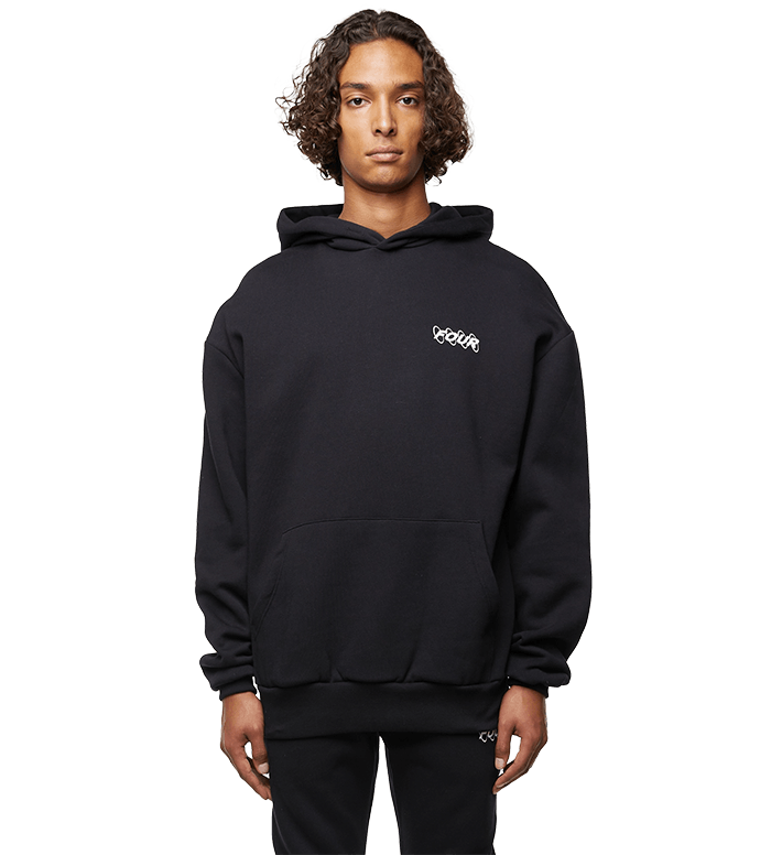 Model wearing a navy blue hoodie